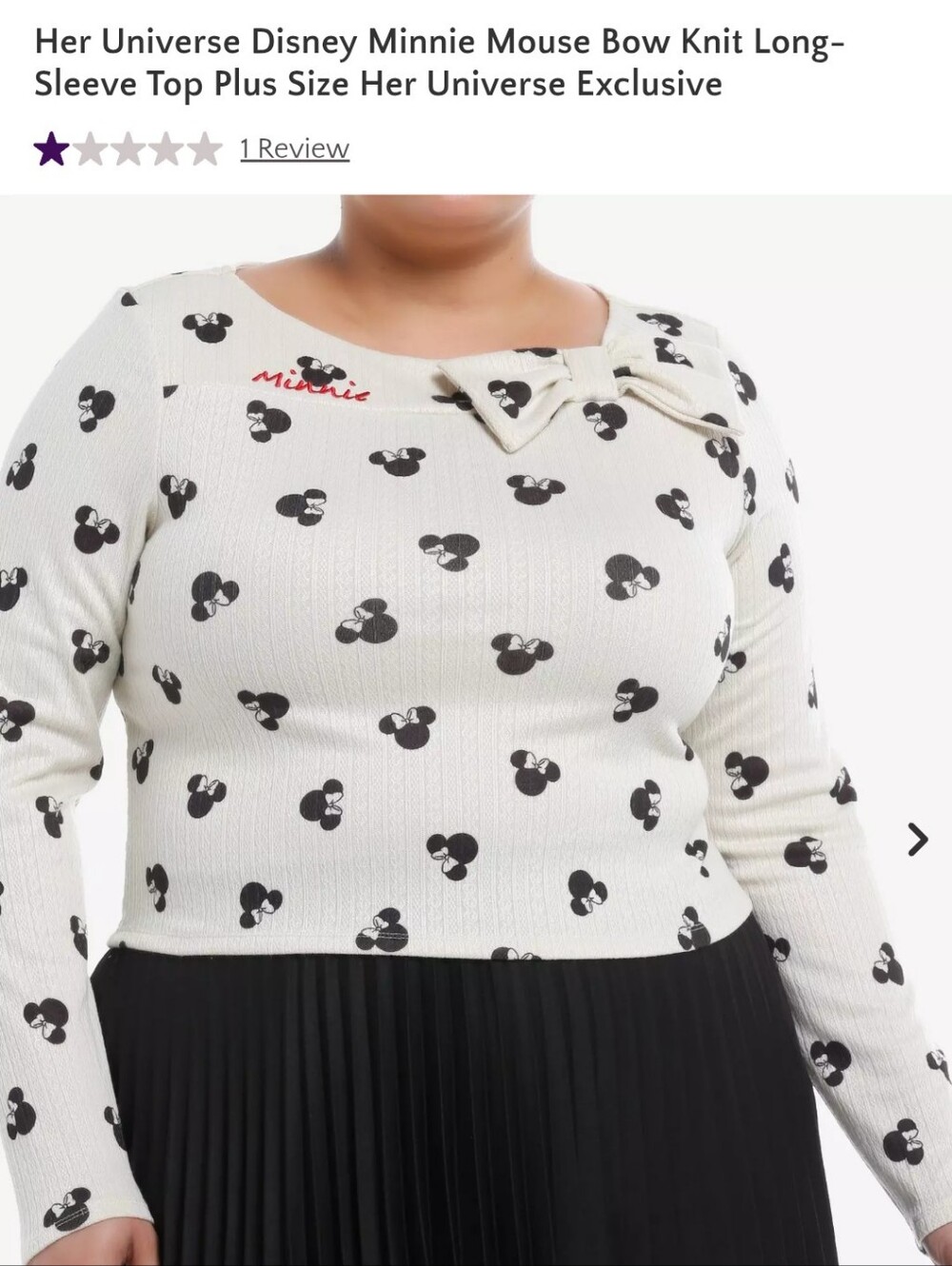 Her Universe White Long-Sleeve Minnie Mouse Knit Top with Bow NWT